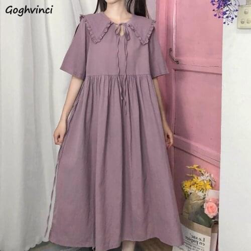 Short Sleeve Dress Women Ruffles Peter Pan Collar Kawaii Solid Fashion Elegant Teens A-line Empire All-match Ulzzang Mid-calf