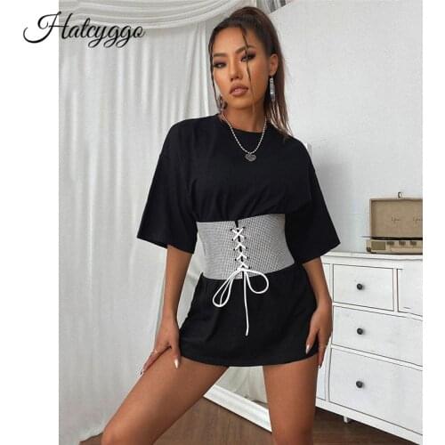 HATCYGGO Fashion Women Wide Cummerbund Rhinestones Crystal Waist Belts Female Lace Up Corset Waistband For Dress Adornment 2021