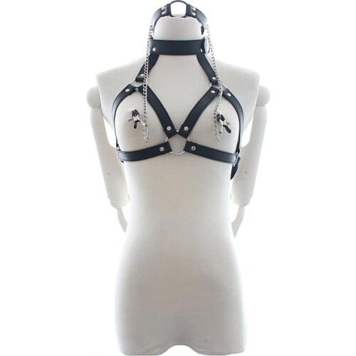 Sexy Toys Metal Chain Leather Body Harness Open Mouth Gag Collar Nipple Clamps Bondage Set Sex Games Adult Toys Bondage Gear