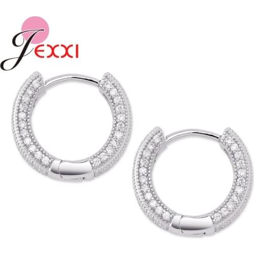 Real 925 Sterling Silver Round Full Of Crystal Hoop Earrings For Women Ear Circle Hoops Brincos Engagement Christmas Jewelry