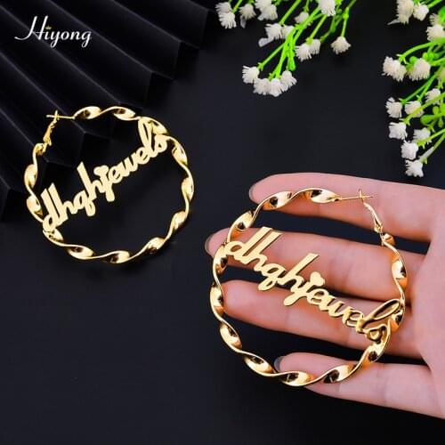 HIYONG Custom Hoop Name Earrings Big Hoop Name Earrings Stainless Steel Customize Earring Circle Oorbellen Custom Jewelry Gift