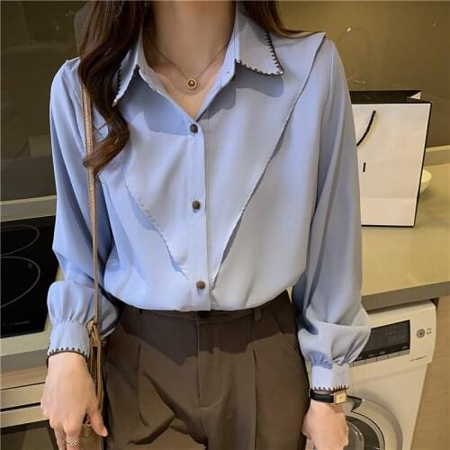 Chikichi 2020 Spring and Autumn New Elegant V-neck Lace Long Sleeve Shirt Commuter Solid Color Loose Fashion Chiffon Top