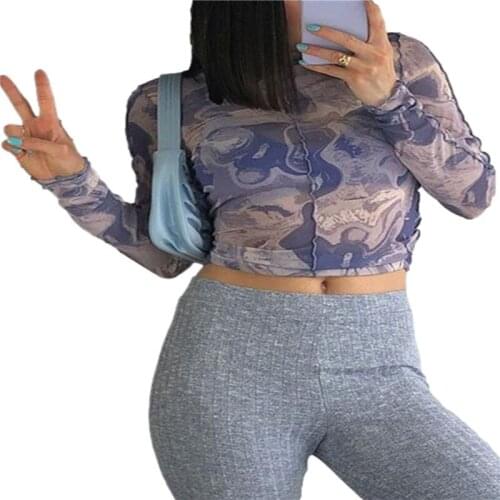 Autumn Women Long Sleeve Sheer Mesh Crop Tops Sexy O-neck Tie Dye Print Slim Fit T-shirts E-girl Y2k Casual Slim Fit Tee Top