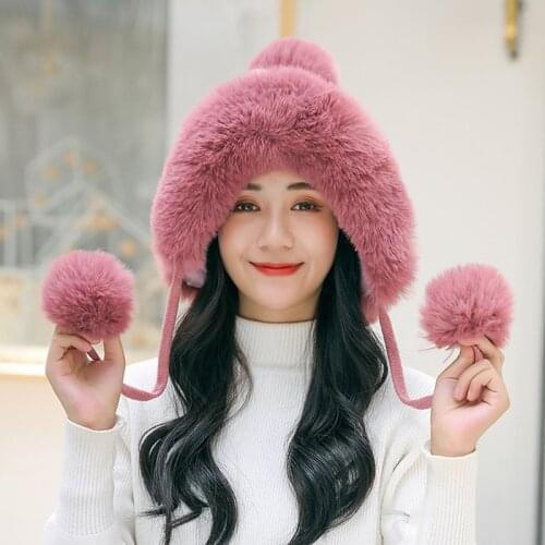 Women Trapper Hats Winter Warm Faux Fox Fur Bomber Hat Beanies Russian Ushanka Wool Knit Pom Pom Earflaps Aviator Caps