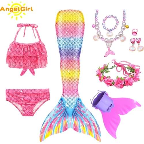 AngelGirl Mermaid Tail Costume Kids Swimming Mermaid Tails Dress Summer Seaside Skirt Girls Mermaid Swimsuit Easy Add Monofin