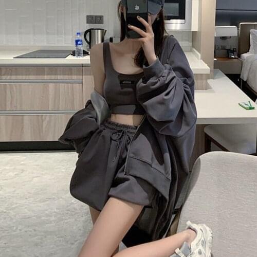 Women Spring Autumn Sweatset One Size Tracksuit Ladies Fashion Sport Clothing Solid Shorts+vest+Hoodies 3 Piece Suit Sweatshirt