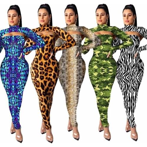 BKLD Camouflage Leopard Print 2 Piece Sets Womens Autumn Sexy Cut out Casual Long Sleeve Crop Tops+Bodycon Long Skirt Party Suit
