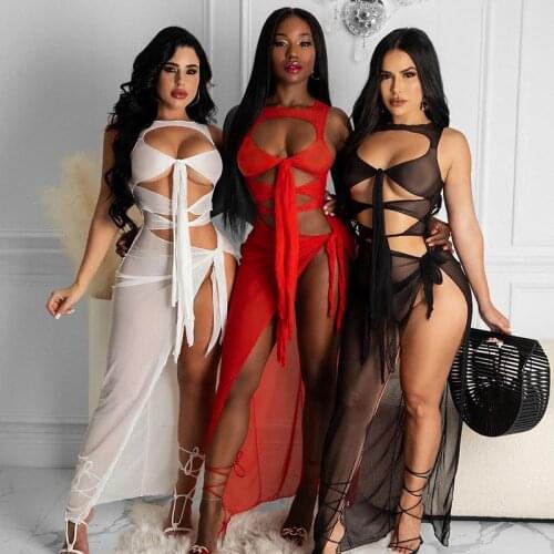 Sexy Tulle See Through Slit Long Maxi Dress Summer Women Club Bandage Wrap Robe Femme Chic Hollow Out Sashes Backless Dresses