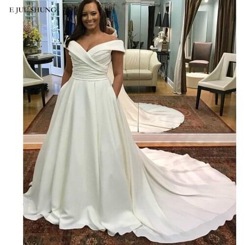 E JUE SHUNG White Plus Size Wedding Dresses V-neck Buttons Wedding Gowns Bride Dress robe mariage