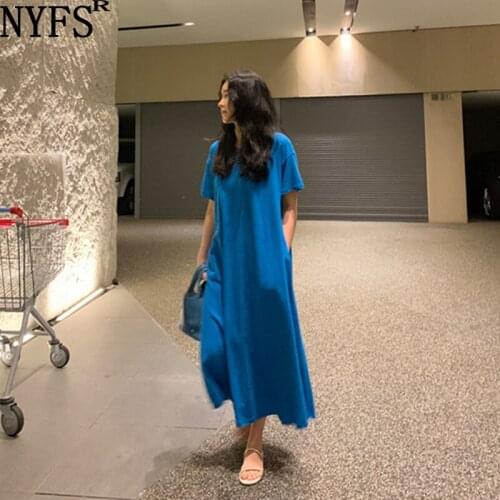 NYFS 2021 Summer Dress New Korean Loose Blue Color Woman Dress Vestidos Robe Elbise Fashion Short sleeve Solid Long Dress