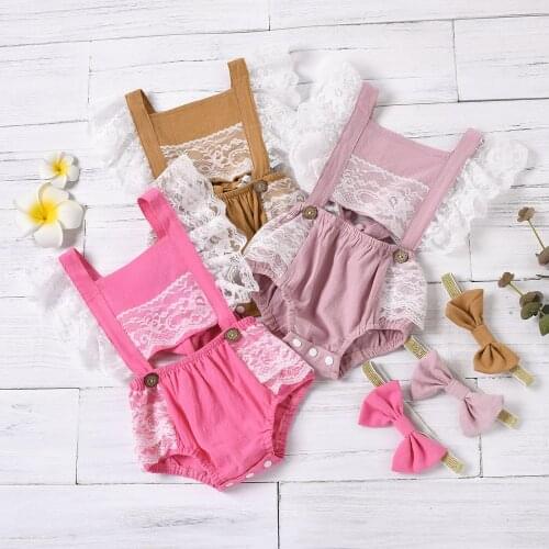 2021 Baby Summer Clothing 2Pcs Newborn Outfits Baby Fly Sleeve Square Collar Hollow Out Tie Up Lace Romper + Bowknot Headband