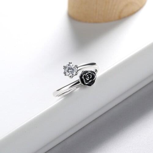 2019 New Cubic Zircon 925 Sterling Silver Finger Rings For Women Statement Korean Rose Flower Open Adjustable Ring Party Gifts