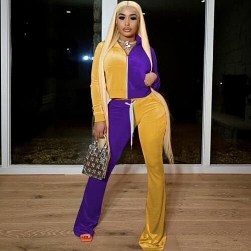 Velvet Two Piece Sets Autumn New Women Full Sleeve Tops And Skinny Pants Matching Sets Fashion Patchwork Tracksuit Women Sets