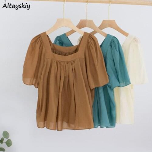 Blouses Women Summer Shirring All-match Solid Elegant Blusas Fashion Cozy French Style Female Holiday College Square Collar Tops