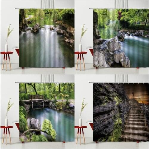 Scenery Shower Curtain Green Botany River Mountain Forest Mountain Road Waterproof Polyester Fabric 240X180CM Bathtub Decoration