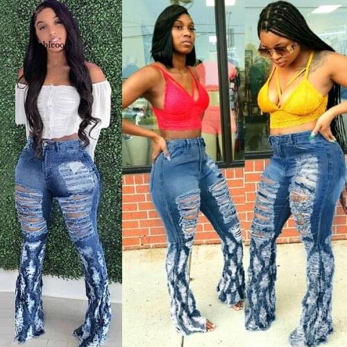 Women Streetwear Ripped Jeans High Waist Flare Jeans Fashion Bell Bottom Jeans Denim Wide Leg Pants Fall