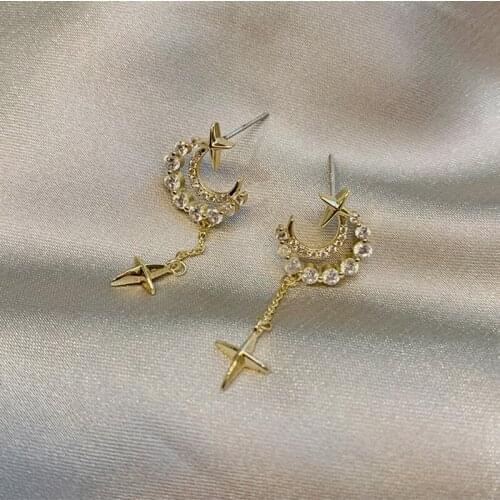 Elegant Moon Four-pointed Star Rhinestone Dangle Earrings 2021 Korean New Fashion Earrings Female Sweet Jewelry Drop Earrings
