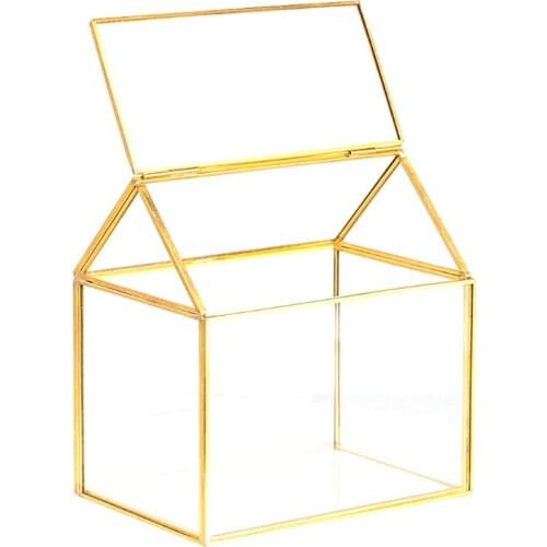 H7JC Geometric Glass Decor Terrarium Centerpiece Tabletop Planter Handmade Copper House Shape Flower Pot for Plants Succulents