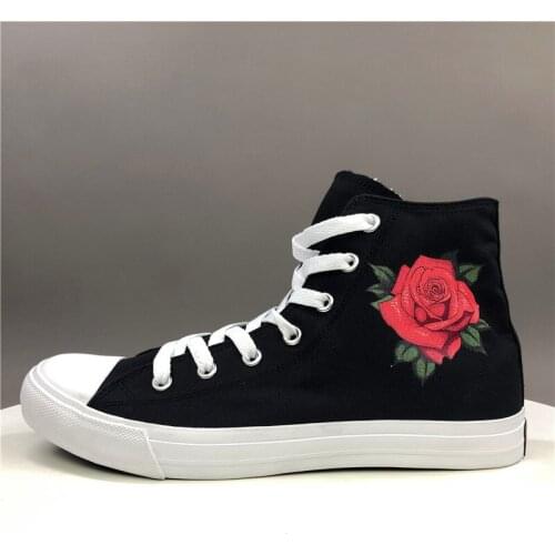 Wen Black Shoes Canvas Red Rose Designs High Top White Women Girls Valentines Shoes Sneakers for Courtship Gifts Laced Plimsolls