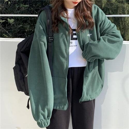 Womens Hoodies Casual Turn-down Collar Printed Pocket Long Sleeve Thicken Korean Zip-up Sweatshirt Female Loose Fleece Hoodies
