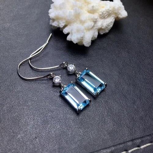 Classical simple square Pillow Natural blue topaz drop earrings 925 silver natural gemstone earrings women party fine jewelry