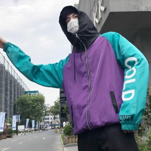 Hip Hop Mens Streetwear Hooded Patchwork jacket Harajuku Letter Printed Loose Track Casual Jacket Men Sport Windbreaker Jackets