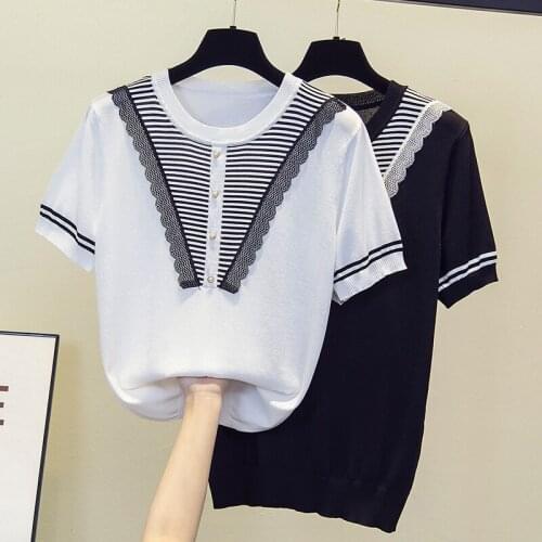 L-4XL chic Oversized Summer thin women sweater loose casual short sleeve o neck Stripe Patchwork plus size basic pullover