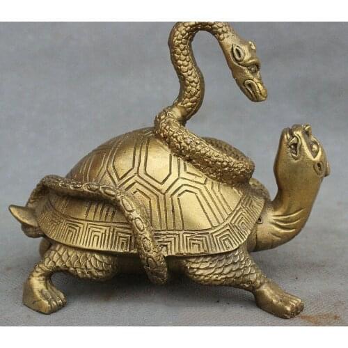 6" Chinese Feng Shui Brass Longevity Animal Tortoise turtle Snake Xuanwu Statue