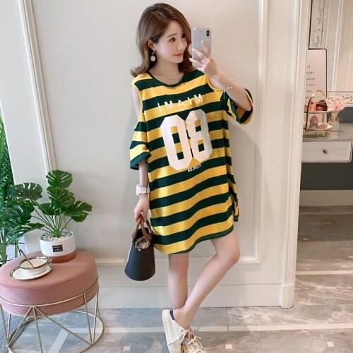 Summer vestidos new Lady O- Neck Loose Leisure Shoulder Knee Cotton Printed Letter Stripe Short Sleeve Dress On sale D109