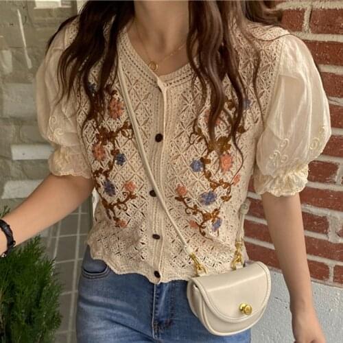 Lucyever Summer Hollow Out Crochet Floral Shirts 2021 Korean Style Puff Short Sleeve Cardigan Shirt Woman Patchwork Blusas Tops