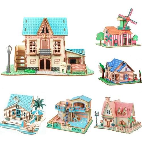 Fashion Wooden 3D House Model Construction Puzzles Room Decoration Kids Craft Gifts Toys