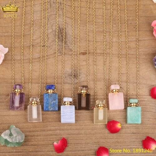 Delicate Women Square Natural Stone Perfume Bottle Pendant Necklace Gold Amethysts Pink White Quartz Oil Diffuser Vials Jewelry