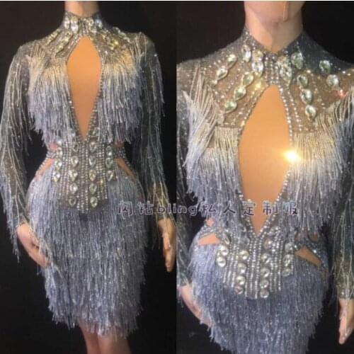 Silver gray flash drill full diamond tassel sexy dress bag hip skirt Latin dance business singer costume