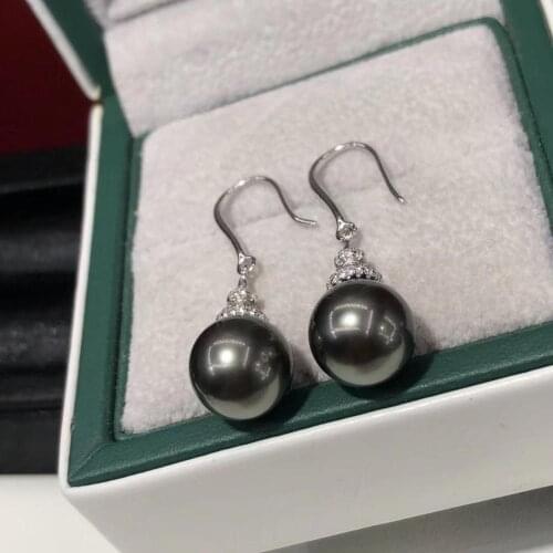 D527 Pearl Earrings Fine Jewelry 925 Stelring Silver Round 8-9mm Fresh Water Peacock Green Black Pearls Drop Dangle Earrings