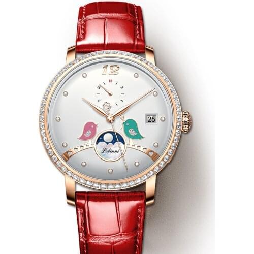Switzerland Luxury Brand LOBINNI Automatic Mechanical Womens Watch Sapphire Waterproof Diamond Moon Phase Ladies Clock L2065