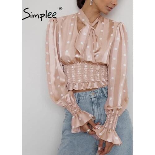 Simplee Elegant polka dot lace up women blouse autumn Smock poet long sleeve ladies short blouse shirt Youth series fashion tops