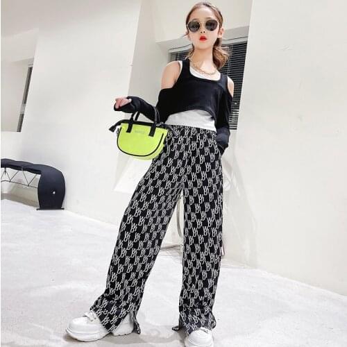 Spring Summer Girls Clothes Off shoulder T-shirt Coats Tops Split Wide-Leg Long pants Printed Children Outfits Fashion Kids Sets