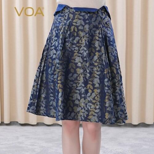 VOA 27m/m Silk Yarn-dyed Jacquard Navy Blue Gold Branch Material Impact Pleating and Splicing, Mid-waist A Joker Skirt C11