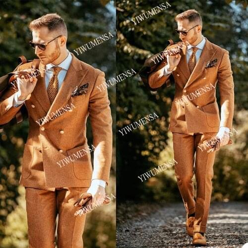 YIWUMENSA Gentleman Tweed Wool Blazers Tailor-Made Suits Brown Peaked Lapel Double Breasted Jacket Slim Fit Pants Tuxedos Outfit