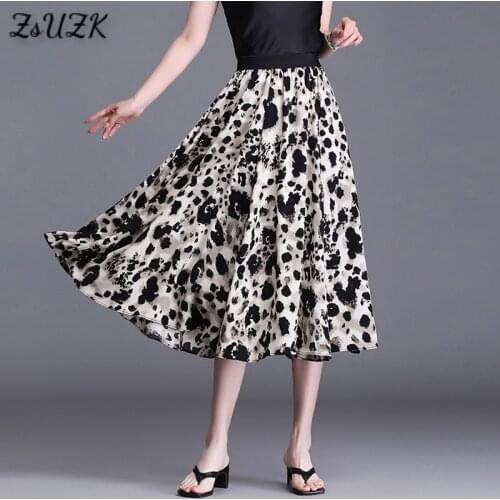 Women Printed Ruffles Chiffon Skirt Summer Women Slim Elastic Waist Ladies Elegant Mid Long Skirt Big Swing Skirt 3Colors