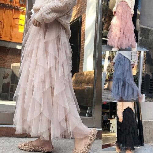 SAGACE high waisted womens loose and wide swing skirt irregular mesh skirt 2021 fluffy skirt sweet and lovely style
