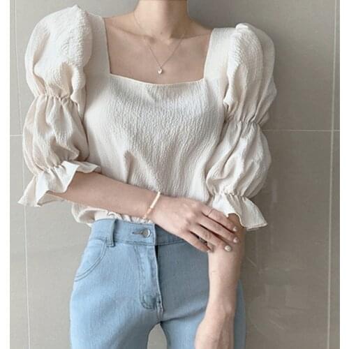 40# Elegant Puff Sleeve Blouse Women Solid Color Square Collar Pleated Chiffon Top Vintage Casual Blouses For Women Blusa