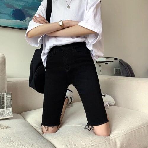 Women Black Denim Shorts Raw Edge Ins Style Ladies Shorts Jeans Slim High Waist Straight Five Point Pants Skinny Summer Clothes