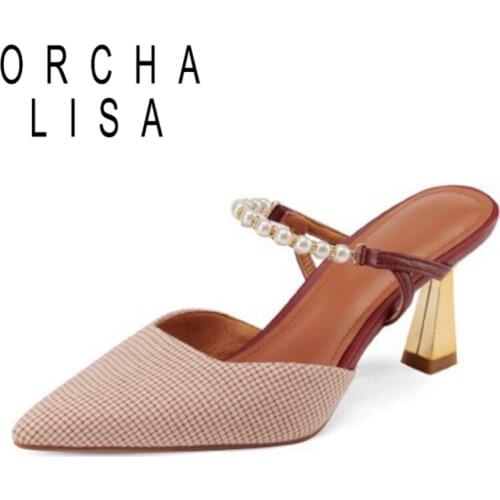 ORCHA LISA 7cm Gold High Heel Designer Mules Women Pointed Toe Beaded Cloth Comfortable Convenient Slippers Size 33-40 B2638