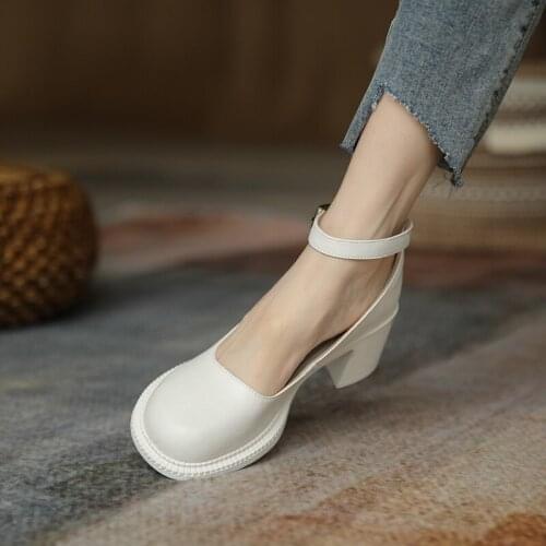 QZYERAI Mary Janes Round Toe Soft Genuine Leather Women Pumps Shoes Spring/Autumn Basic Female Fashion Comfortable Size 34-42