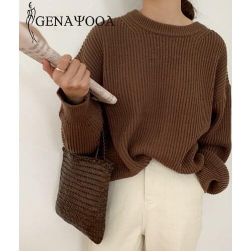 Genayooa Casual Basic Knit Sweater Women Autumn Long Sleeve O Neck Pink Pullover Sweater High Quality Warm Jumper Ladies Korean
