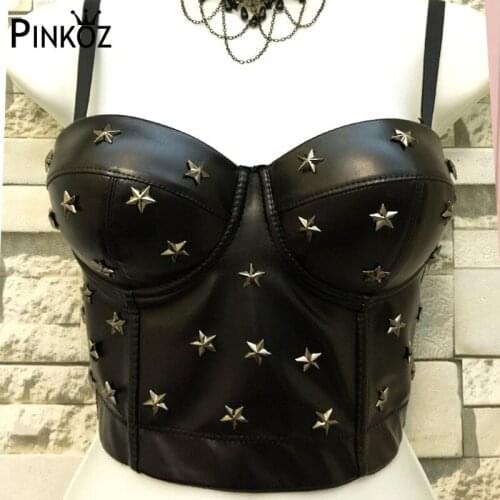 Pinkoz 2020 Sexy Club Women Star Rivet Bra Strapless Bralette Crop Top Performance Ball Female PU Top Women топ женский летний