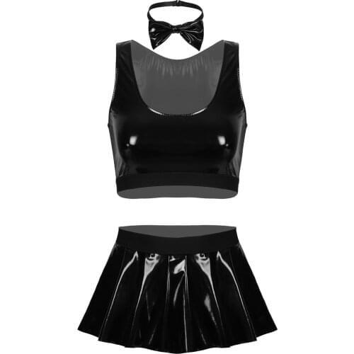 Women Glossy Lingerie Set Leather Costume Scoop Neck Wet Look Camisole Low Waist Pleated Short Skirt with Bow Tie Sissy Clubwear