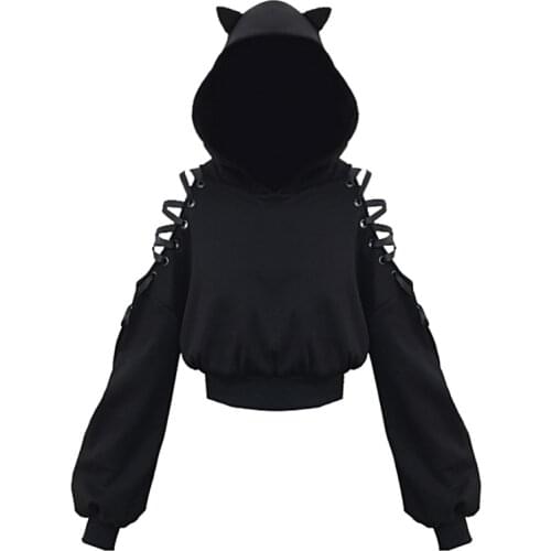 Gothic Women Sweatshirt Womens Hollow Out Lace up Long Sleeve Sweatshirt Warm Cat Ears Hoodies Plus Velet