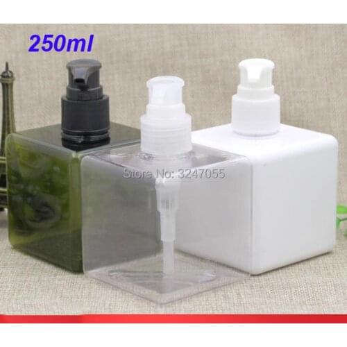250ML White Plastic Square Shampoo Refillable Bottle,Portable Travel Body Lotion Pump Container,Olive Green Cosmetic TonerBottle